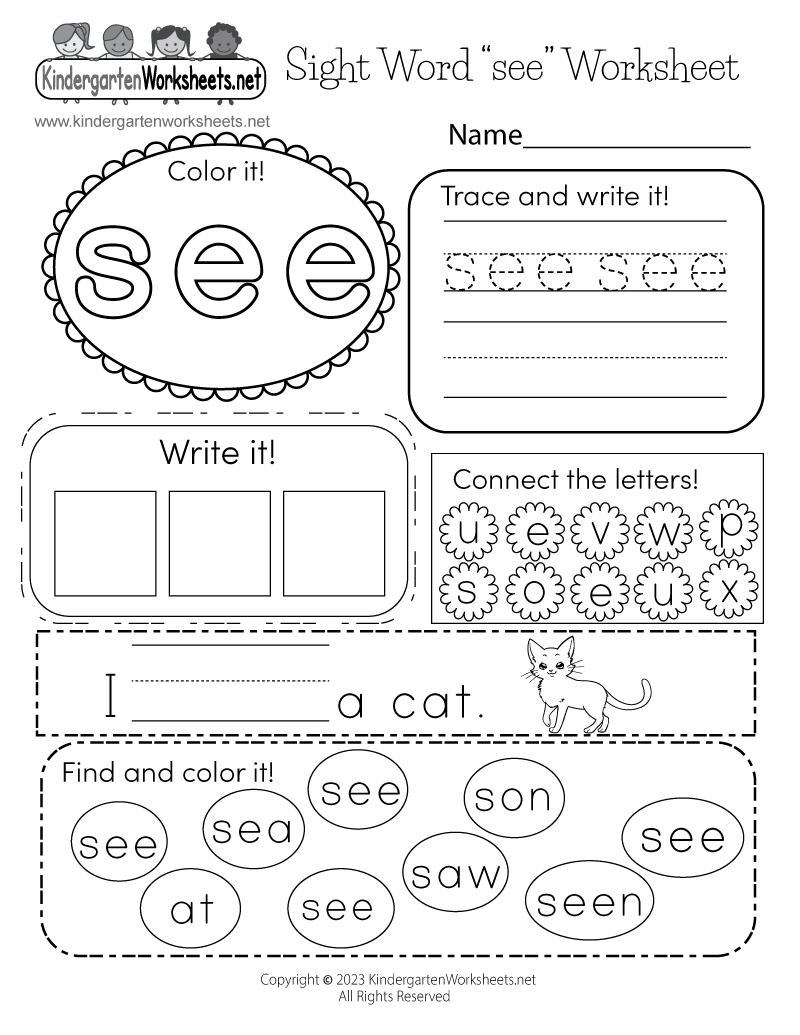 Free Printable Sight Word see Worksheet For Kindergarten