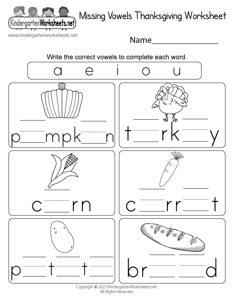 Free Printable Missing Vowels Thanksgiving Worksheet For Kindergarten