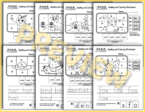 Apple, Cat, Barn, Bear - Spelling and Coloring Worksheets Preview