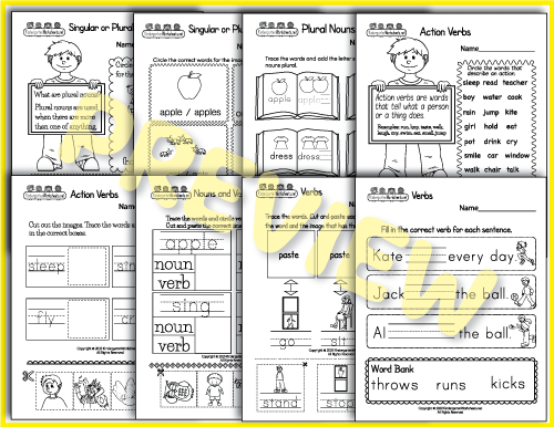 Plural Nouns and Action Verbs - Grammar Worksheets Preview