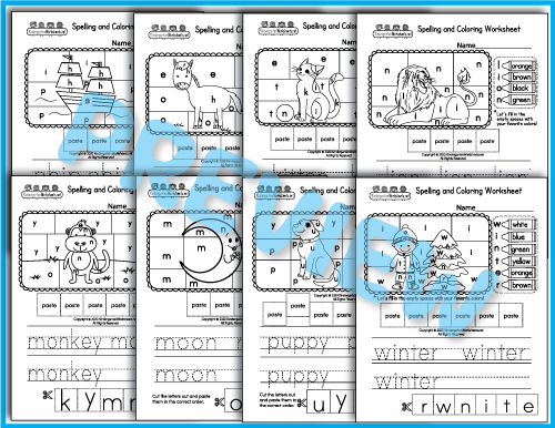 Ship, Horse, Kitten, Lion - Spelling and Coloring Worksheets Preview