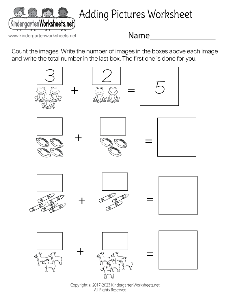 Kindergarten Adding Pictures Worksheet Printable