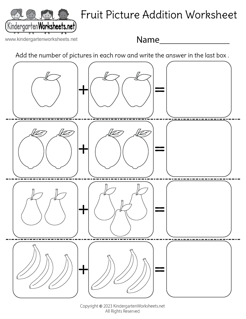Kindergarten Fruit Picture Addition Worksheet Printable