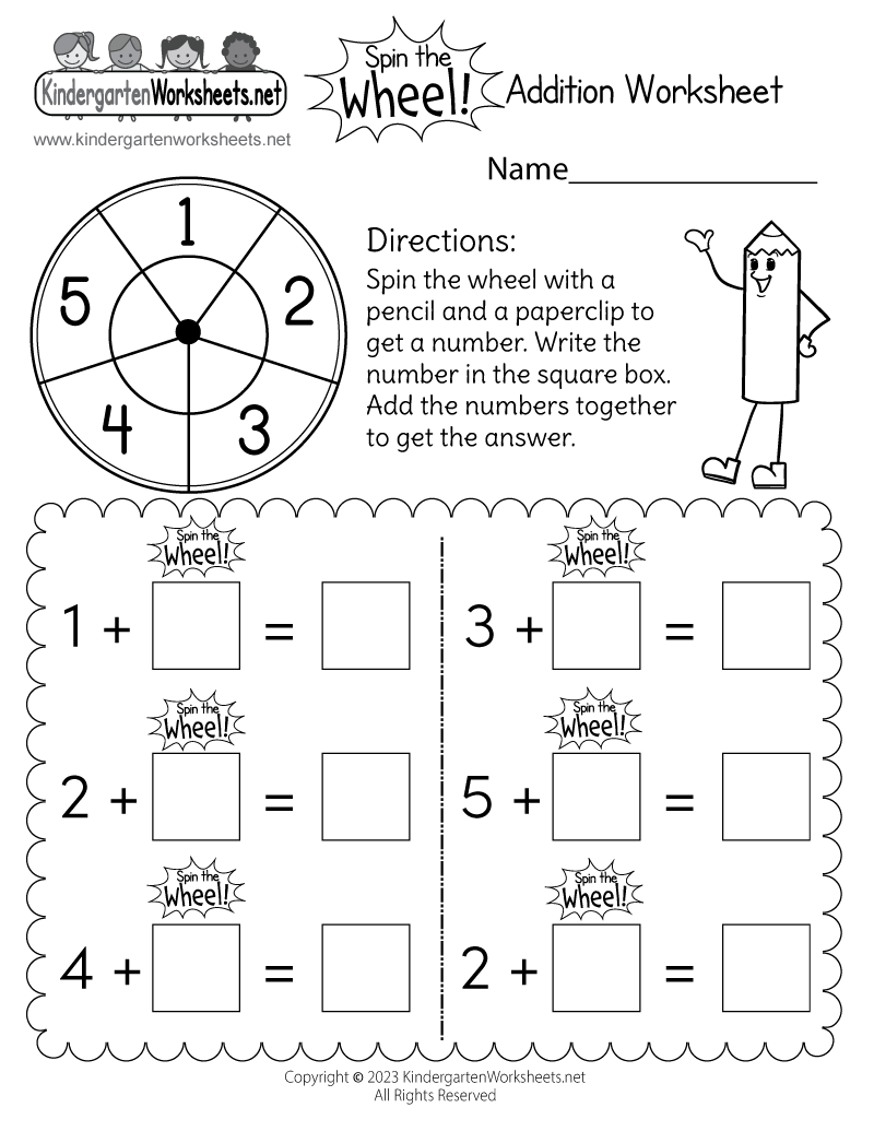 Kindergarten Spin the Wheel Addition Worksheet Printable