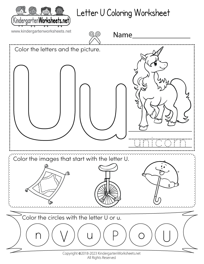 Kindergarten Letter U Coloring Worksheet Printable