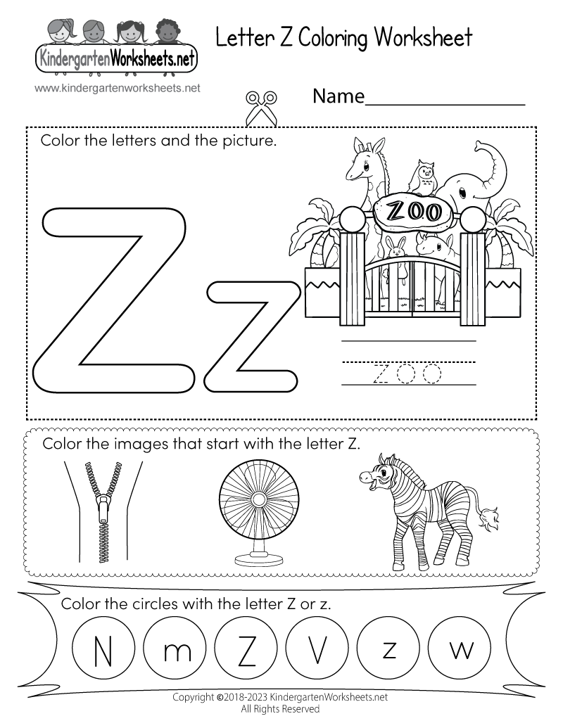 Kindergarten Letter Z Coloring Worksheet Printable