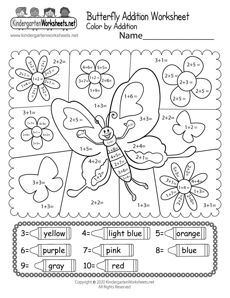 butterfly color by addition worksheet free printable digital pdf