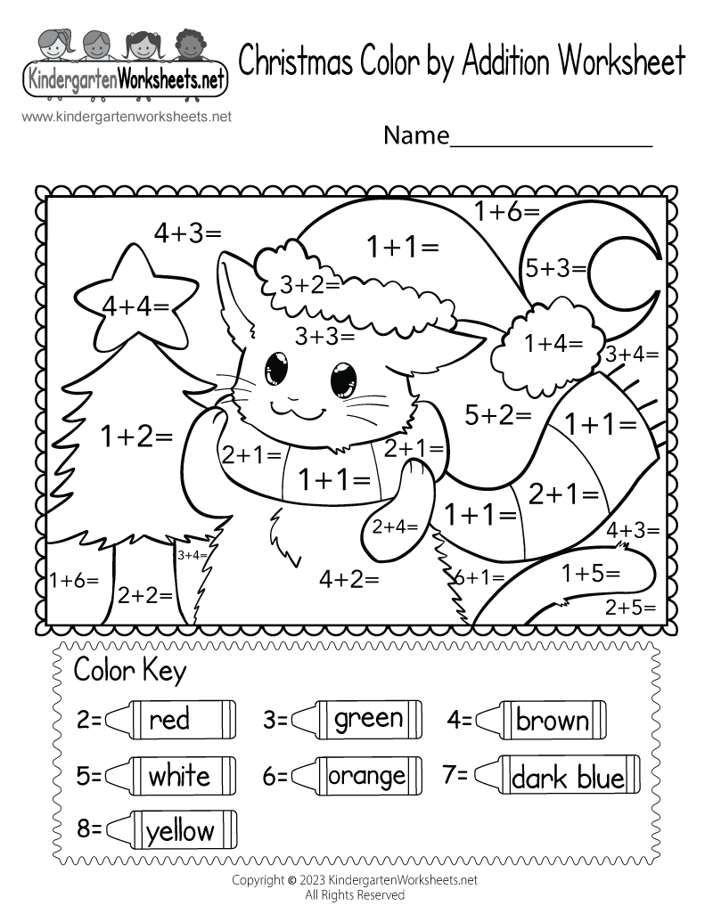 Kindergarten Christmas Color by Addition Worksheet Printable