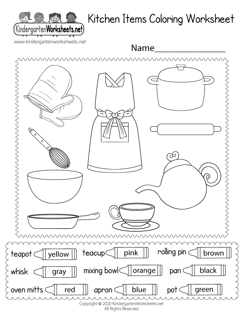 Kindergarten Kitchen Items Coloring Worksheet Printable