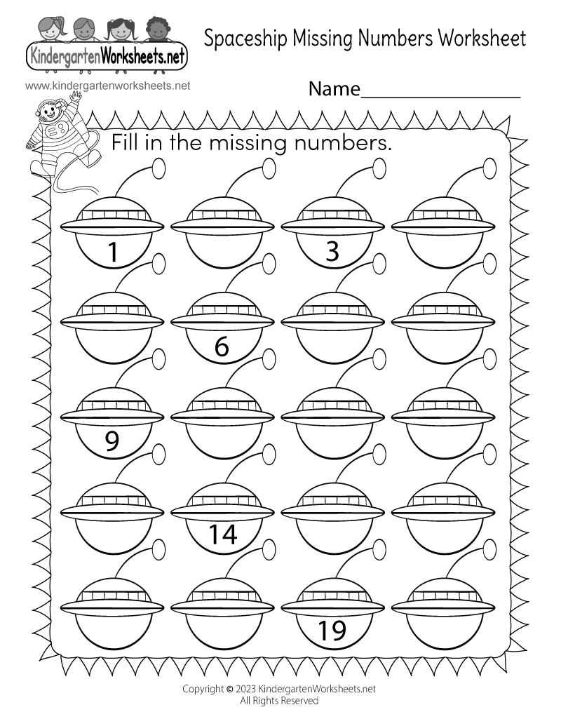 Kindergarten Spaceship Missing Numbers Worksheet Printable