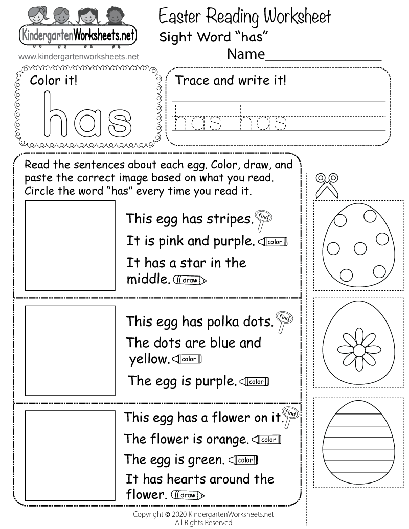 Kindergarten Easter Reading Worksheet Printable