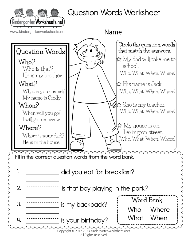 Kindergarten Question Words Worksheet Printable