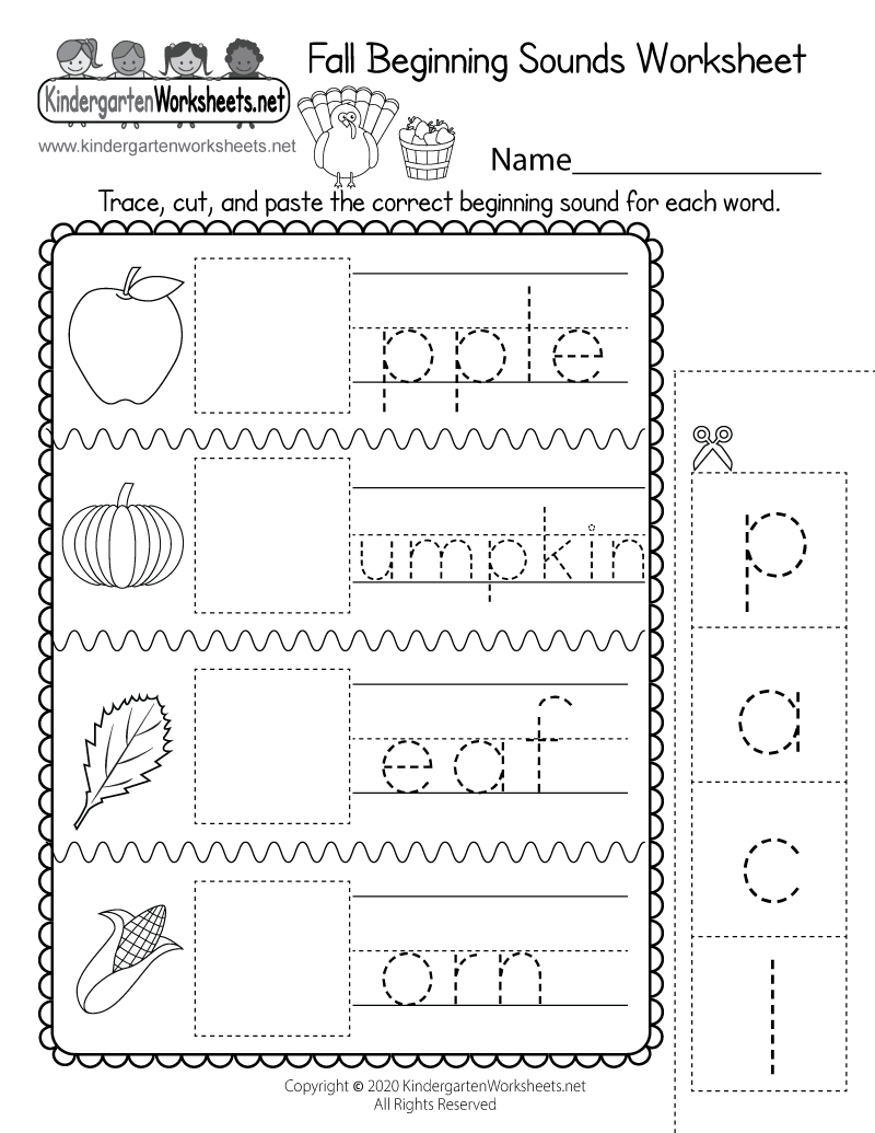 Kindergarten Fall Beginning Sounds Worksheet Printable
