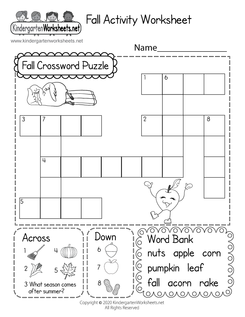 Fall Crossword Puzzle Worksheet for Kindergarten - Free Printable