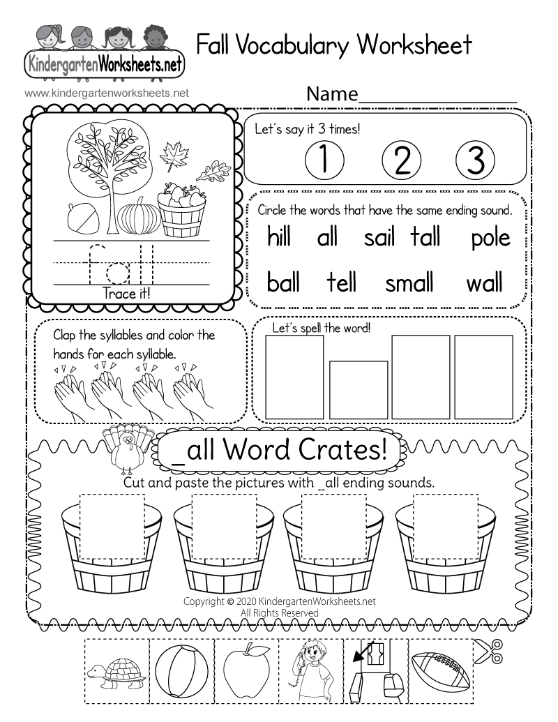 Kindergarten Fall Vocabulary Worksheet Printable