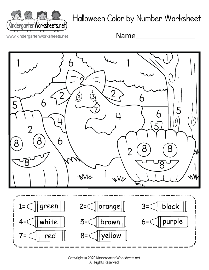 Kindergarten Halloween Color by Number Worksheet Printable