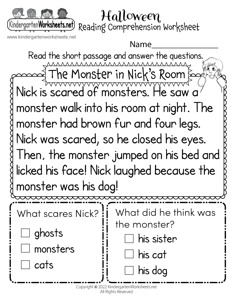 Kindergarten Halloween Reading Comprehension Worksheet Printable
