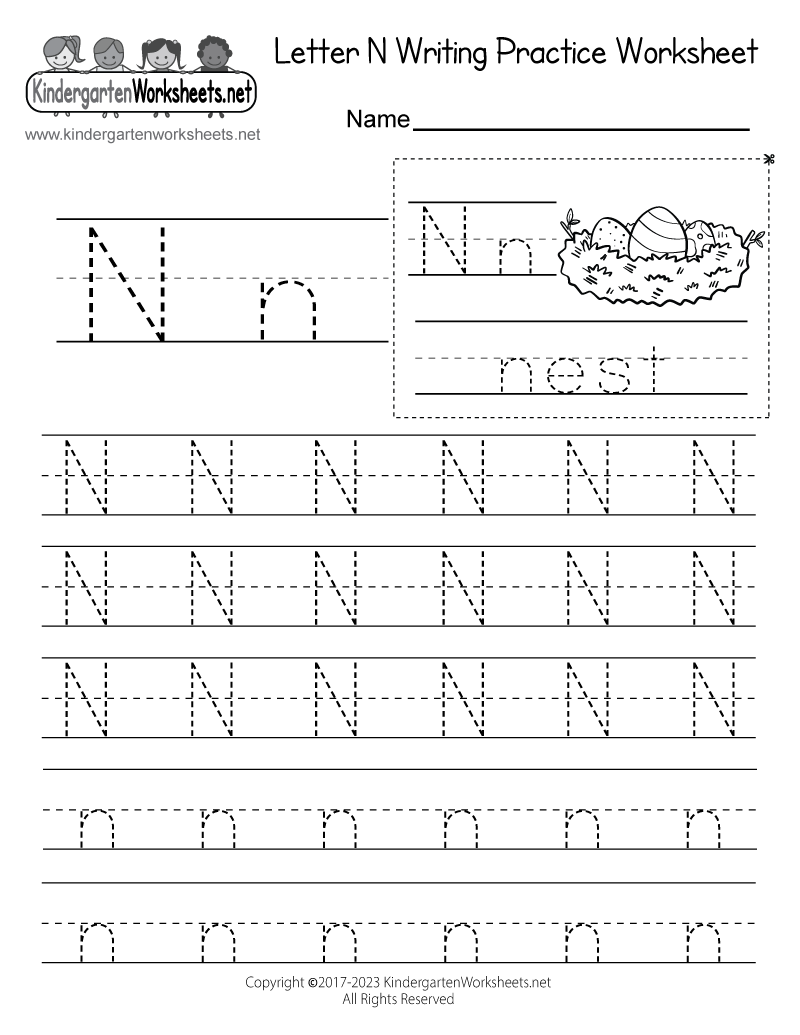 letter n writing practice worksheet free kindergarten english