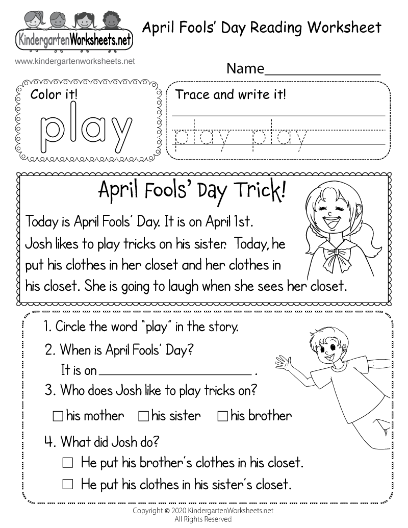 Kindergarten April Fools' Day Reading Worksheet Printable