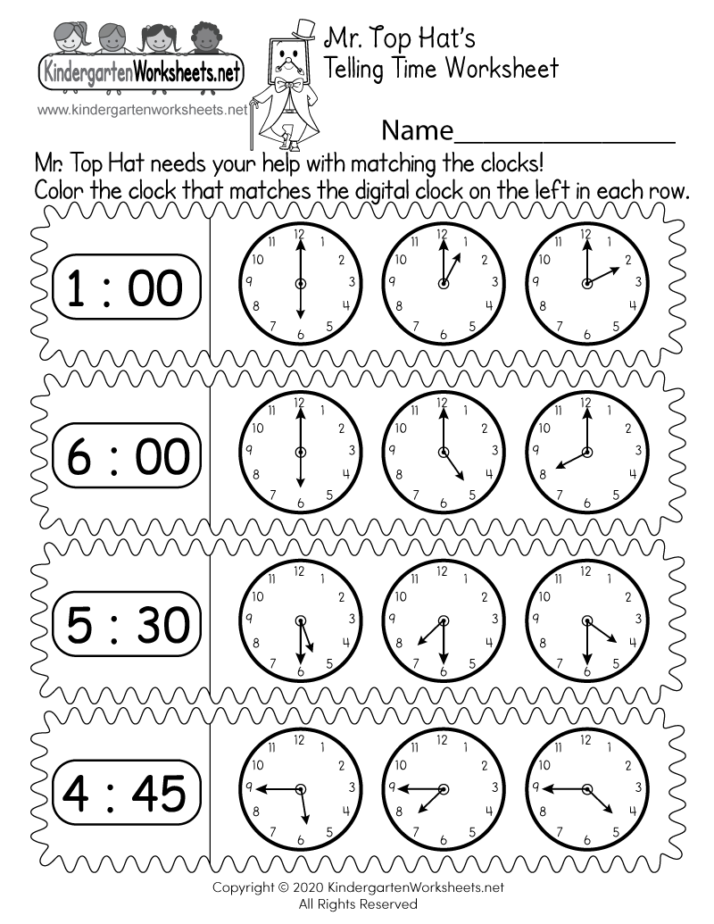 Kindergarten Matching Digital and Analog Clocks Worksheet Printable