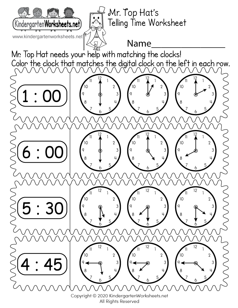 Free Printable Learn Clocks Worksheet For Kindergarten