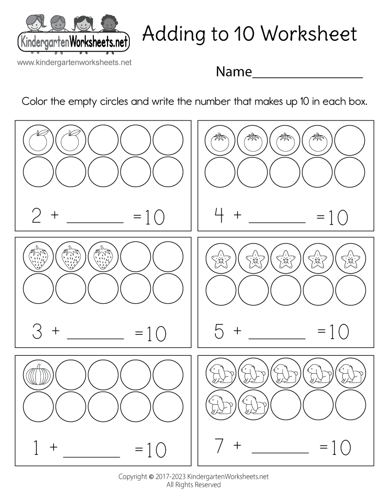 Kindergarten Adding to 10 Worksheet Printable