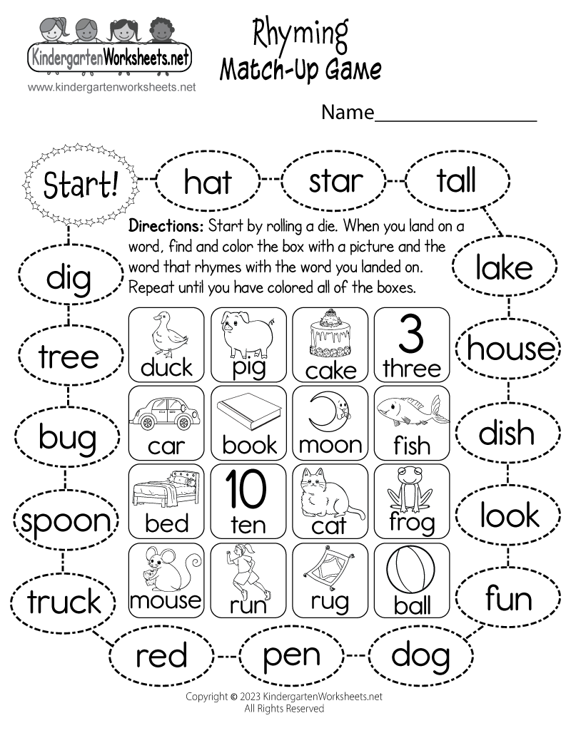 Free Printable Rhyming Match Up Game Worksheet