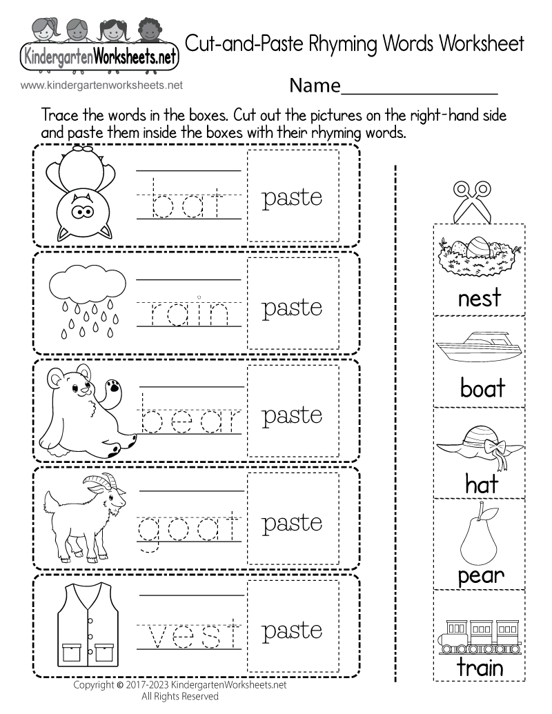 free printable rhyming words worksheet for kindergarten