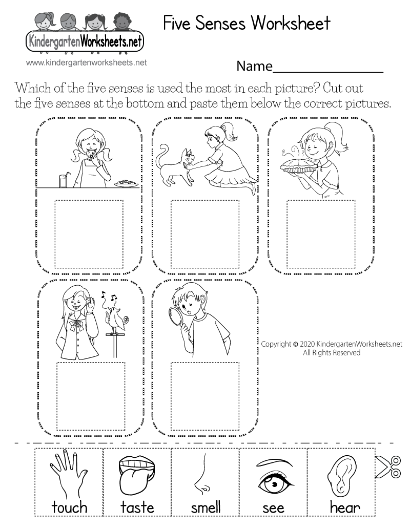 Kindergarten Cut-and-Paste Five Senses Worksheet Printable