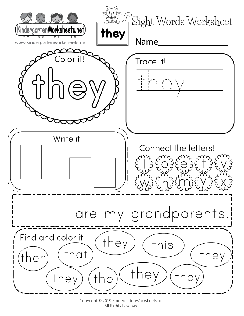 sight words for kindergarten worksheets