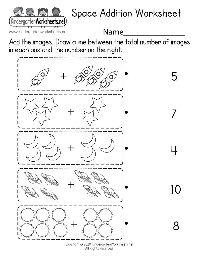 Kindergarten Space Addition Worksheet Printable