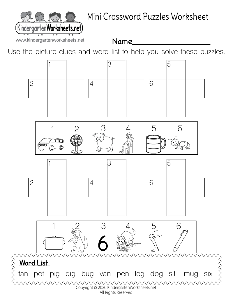 Kindergarten Mini Crossword Puzzles Worksheet Printable