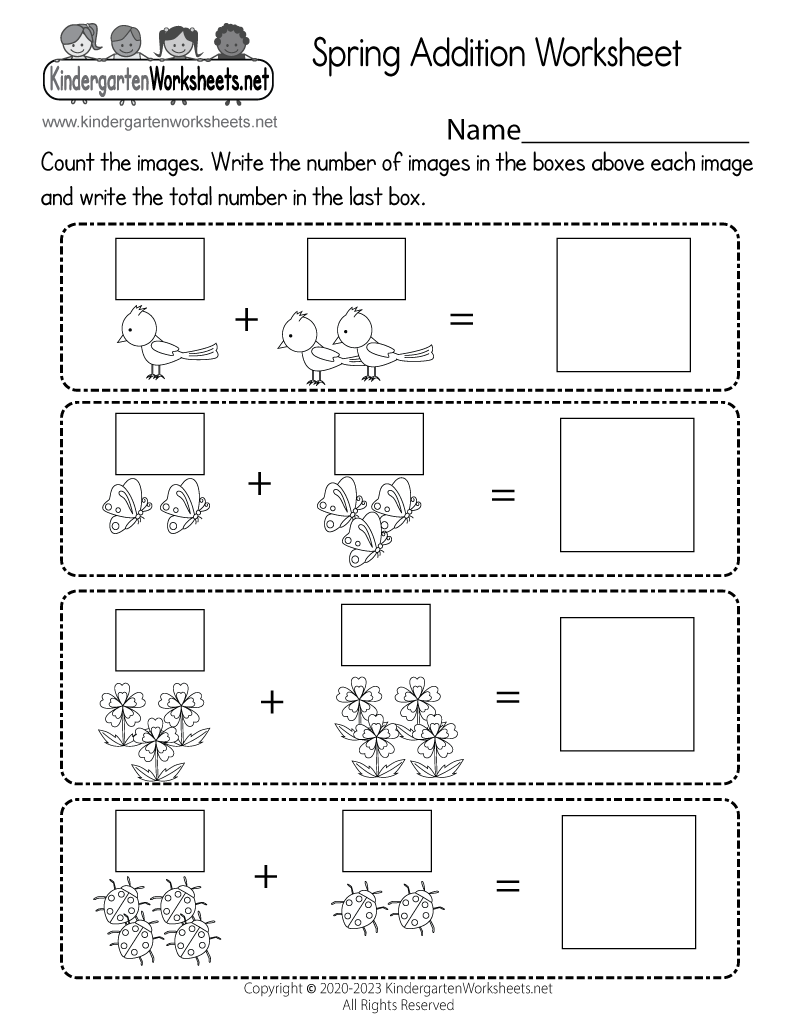 Kindergarten Spring Addition Worksheet Printable