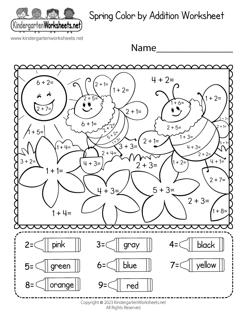 Kindergarten Spring Color by Addition Worksheet Printable