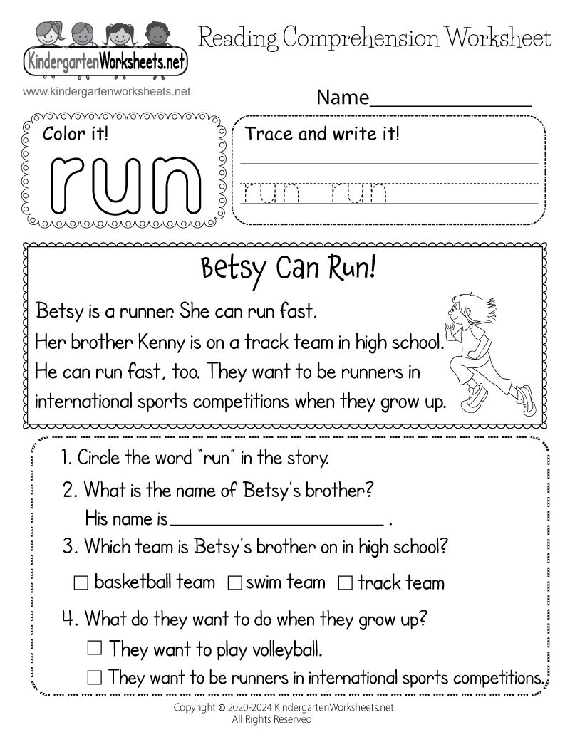 Kindergarten Summer Athletics Reading Worksheet