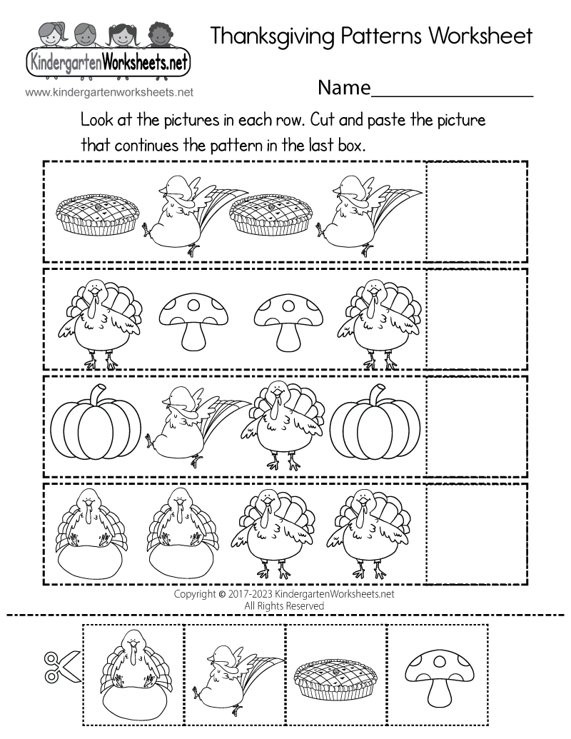 Kindergarten Thanksgiving Patterns Worksheet Printable