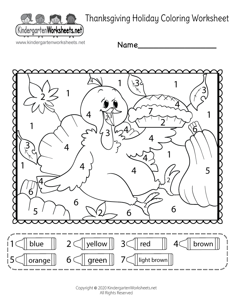 Kindergarten Thanksgiving Color by Number Worksheet Printable