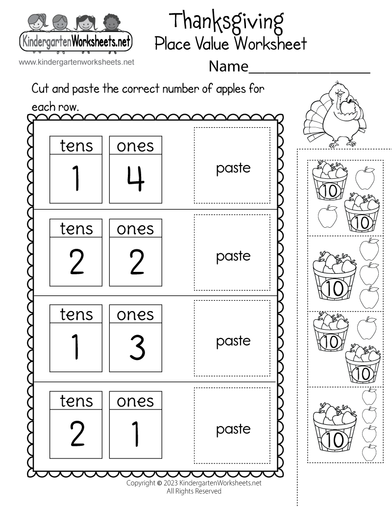 Kindergarten Thanksgiving Place Value Worksheet Printable