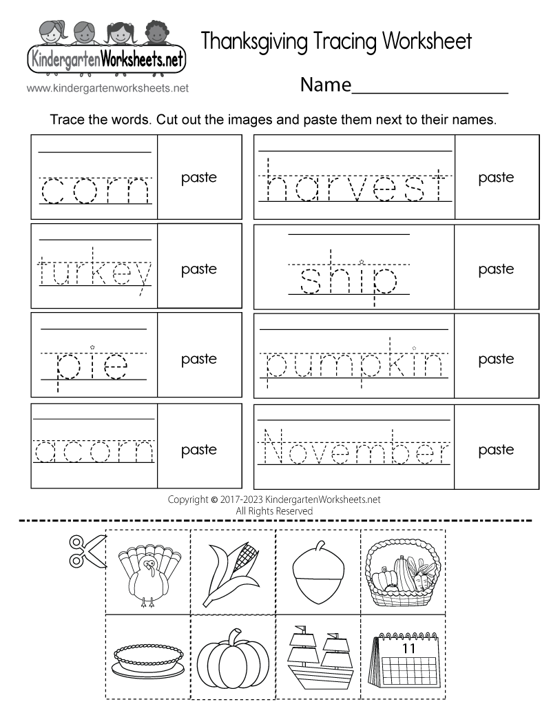Kindergarten Thanksgiving Tracing Worksheet Printable