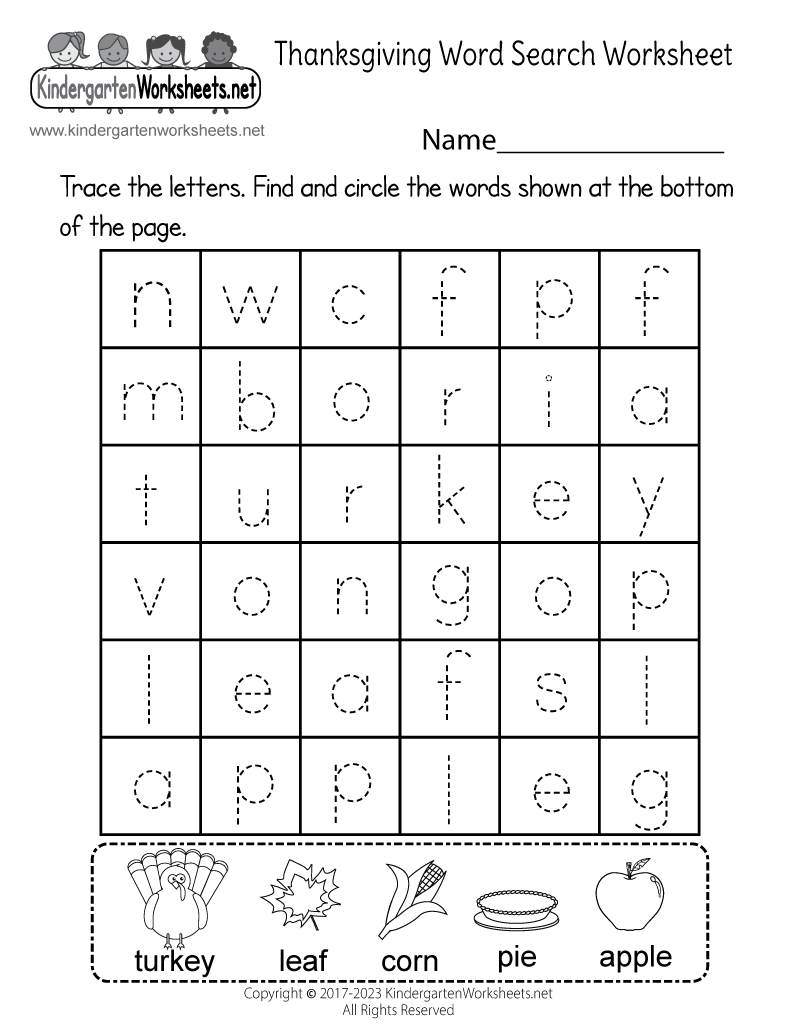 Kindergarten Thanksgiving Word Search Worksheet Printable