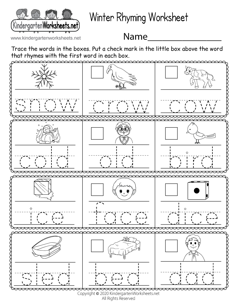 winter rhyming worksheet for kindergarten free printable